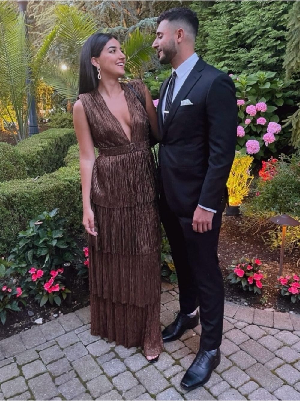 Sabina Musayev Skylar Tiered Belted Metallic Gown Gold Brown Medium
